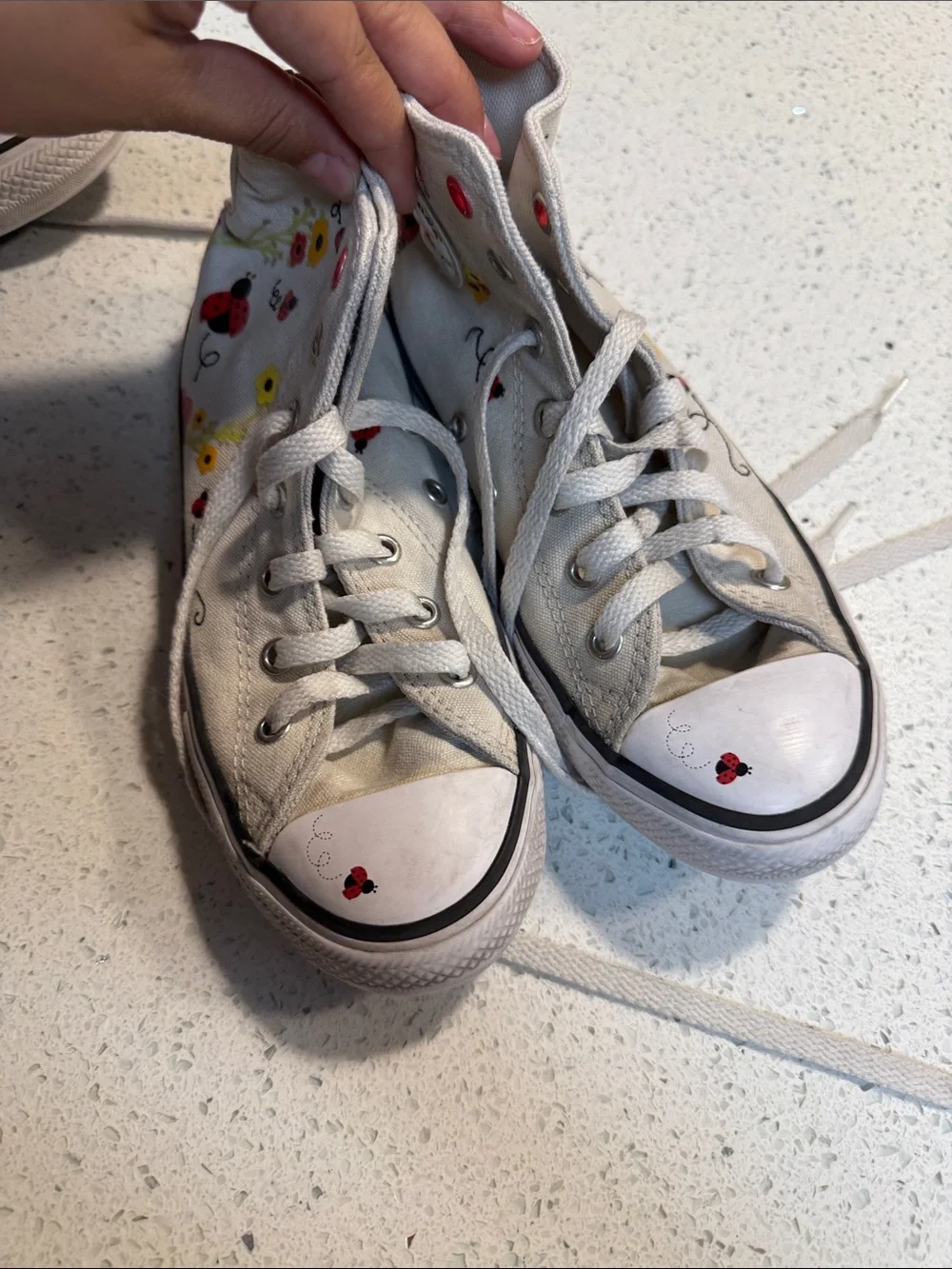 Converse Kids White High-Top Sneakers with Ladybug & Floral Accents